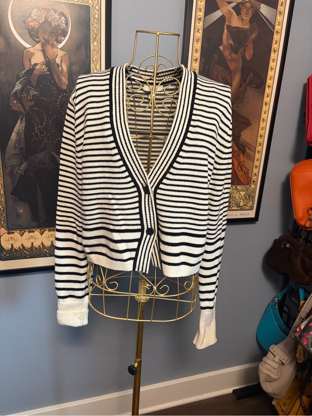 Banana Republic Black and White Striped V-Neck Cardigan